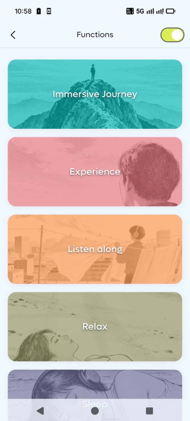 Οι λειτουργίες της Binaurly: Immersive Journey, Experience, Listen along, Relax